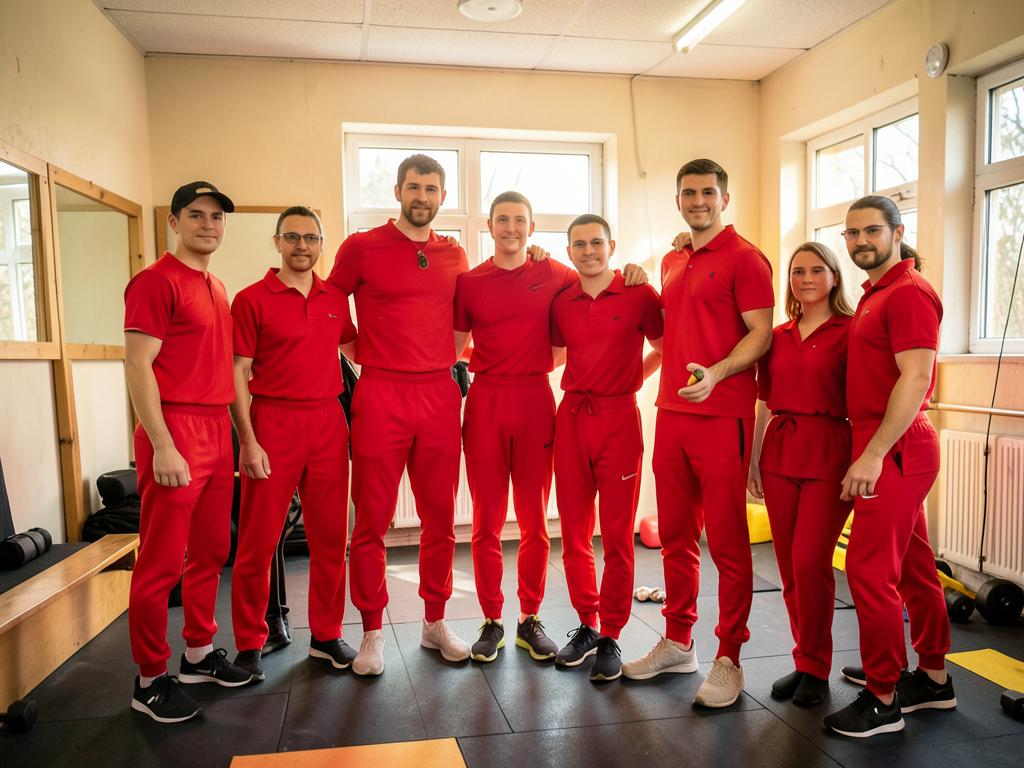 Groupe de gym loisir et de tir en tenues rouges personnalisées